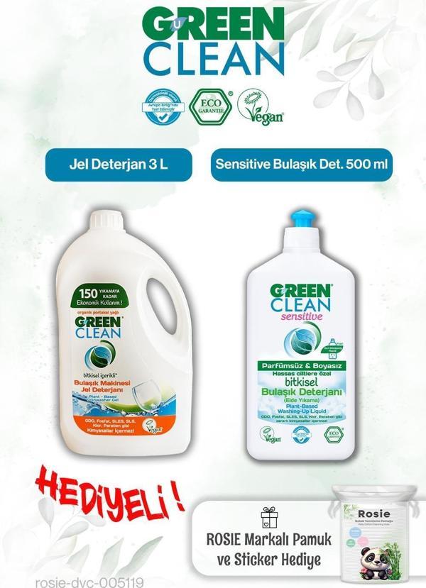Green Clean Sensitive Bulaşık Deterjanı 500 ml ve Bulaşık Mak. Jel Deterjan 3 L ve Rosie hediye - Image 1