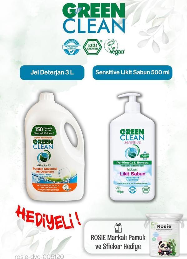 Green Clean Sensitive Likit Sabun 500 ml ve Bulaşık Mak. Jel Deterjan 3 L ve Rosie hediye - Image 1