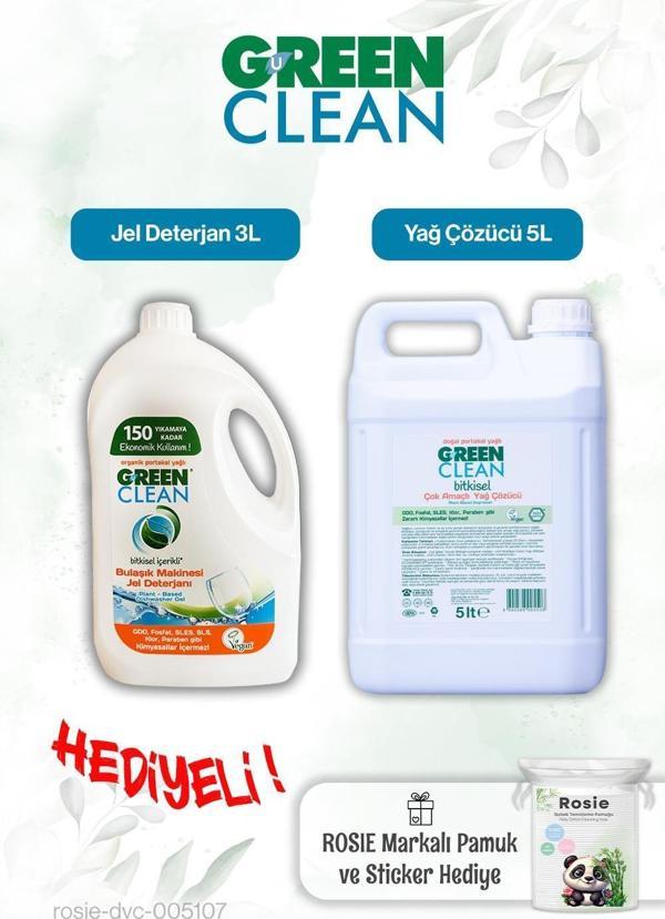 Green Clean Yağ Çözücü 5L, Bulaşık Mak. Jel Deterjan 3L ve Rosie pamuk hediye - Image 1