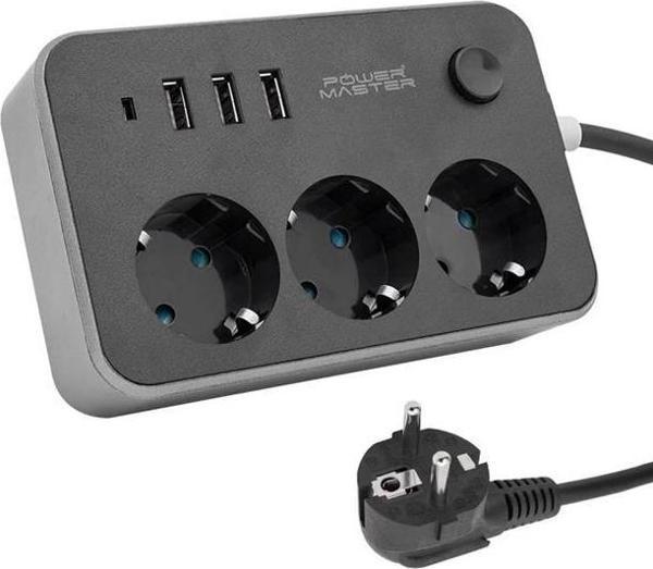Powermaster 3 USB Çıkışlı 1.8 Metre Kablolu 3'lü Akım Korumalı Priz (10A-2500 Watt) PM-17564 - Image 1