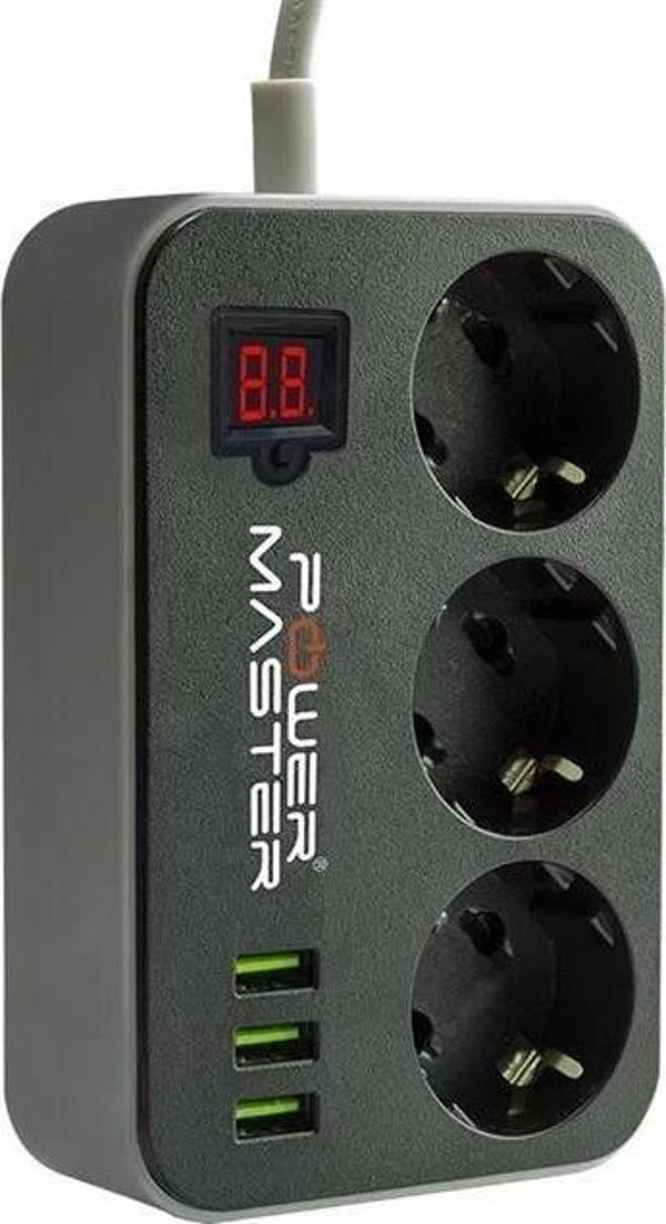 Powermaster 3 Usb Çıkışlı Dijital Ekranlı 10A-2500 W Siyah 1.8 Metre Kablolu 3'lü Akım Korumalı Priz - Image 1