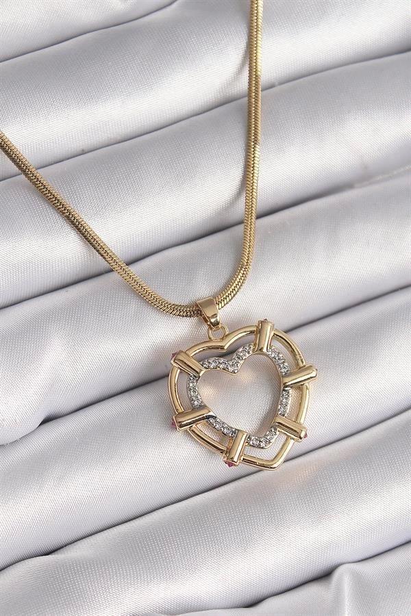 316L Çelik Gold Renk İtalyan Zincir Mix Renk Zirkon Taşlı Kalp Model Kadın Kolye - Image 1
