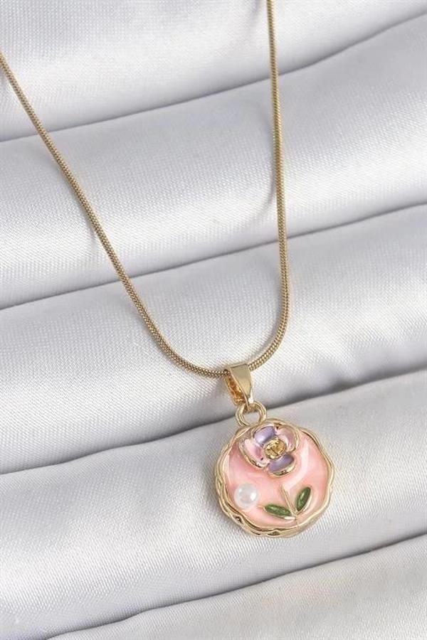 316L Çelik Gold Renk Zincir Pembe Minimal Çiçek İşlemeli İnci Detay Portre Model Kadın Kolye - Image 1