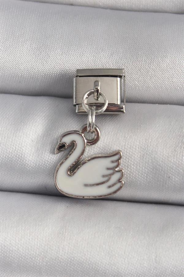 316L Çelik Gümüş Renk Sallantı Beyaz Kuğu Model Nomination Charm - Image 1