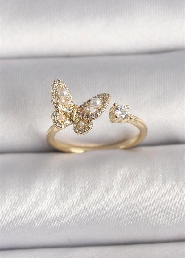 Pirinç Gold Renk Zirkon Taşlı Kelebek Model İnci Detay Ayarlanabilir Yüzük - Image 1