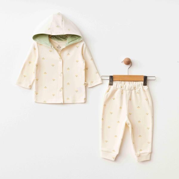 ÇİÇEKLİ KAPŞONLU HIRKA PANTLON SET Ekru - Image 1