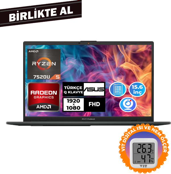 Asus Vivobook Go 15 Ryzen 5 7520U 16GB 512GB SSD 15.6" Freedos + VIT Termometre E1504FA-NJ1465 012 - Image 1