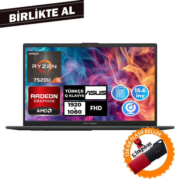 Asus Vivobook Go 15 Ryzen 5 7520U 16GB 512GB SSD 15.6" Freedos + 128GB Flash Disk E1504FA-NJ1465 014 - Image 1