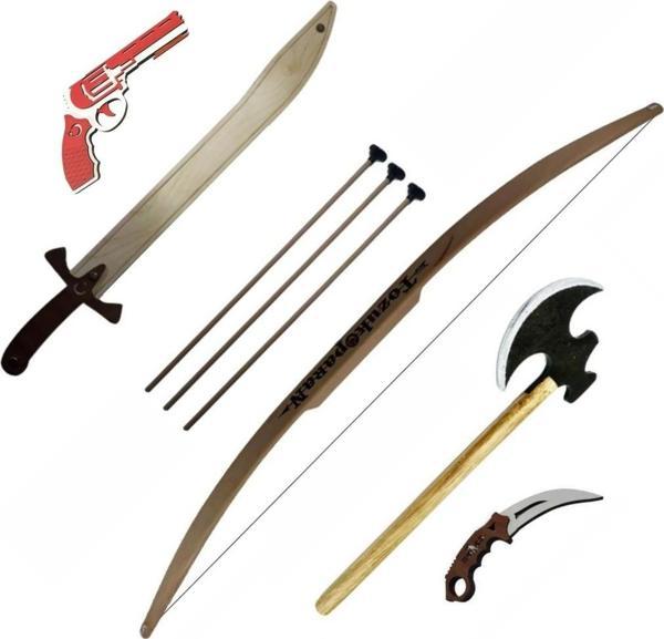 Ahtek Muhteşem 5'li Ahşap Oyuncak Seti, Ok Yay + Balta + Oyuncak Bıçak + Kılıç + Lastik Atan Tabanca - Image 1