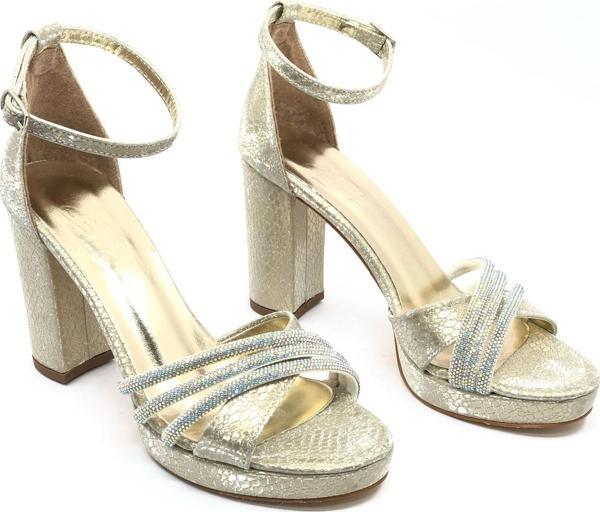 Feles Çapraz Üç Şerit Taşlı 10 cm Platform Topuklu Kadın Abiye Ayakkabı - Image 1