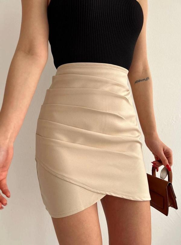 Yandan drapeli asimetrik etek bej s24771 - Image 1