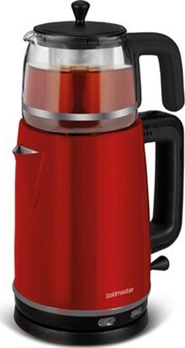 Goldmaster Dem Kırmızı 2200 Watt Xl Paslanmaz Demlikli Cam Çelik Çay Makinesi ve Su Isıtıcısı - Image 1