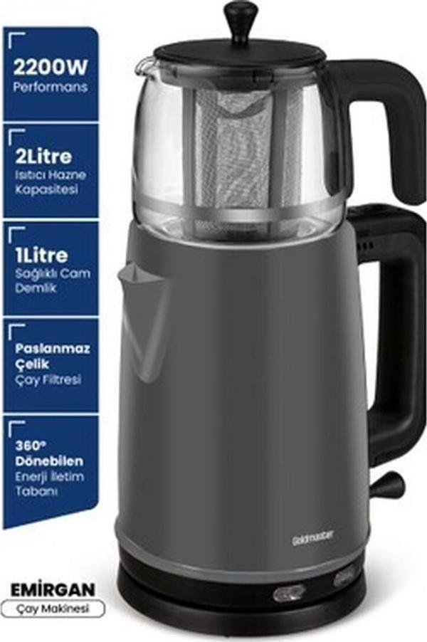 Goldmaster Emirgan Antrasit  2200 Watt Geniş Hazneli Paslanmaz Çelik Çay Makinesi ve Su Isıtıcısı - Image 1