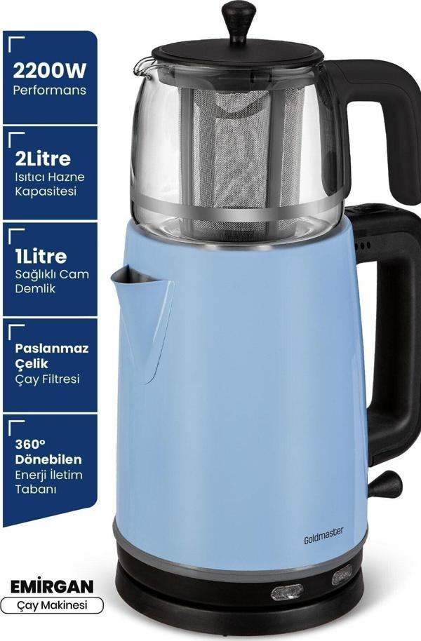 Emirgan Buz Mavisi 2200 Watt Geniş Hazneli Paslanmaz Çelik Çay Makinesi Ve Su Isıtıcısı - Image 1