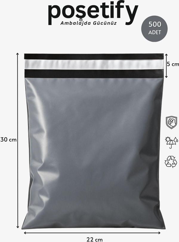 Poşetify Gri Cepsiz Kargo Poşeti 22X30+5 Cm | Yapışkan Bantlı Kargo Zarfı | 500’Lü E-Ticaret Poşeti - Image 1