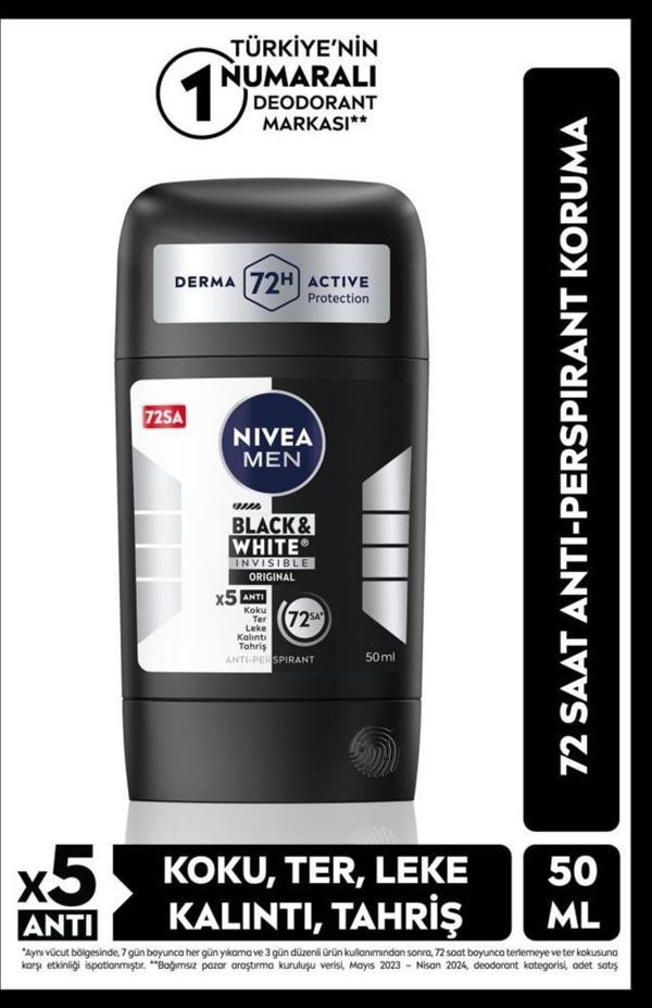 Men Erkek Stick Deodorant Black&white Invisible Original 150ml, 72 Saat Anti-perspirant Ter Koruması - Image 1