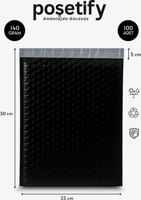 Poşetify Balonlu Siyah Kargo Poşeti 25X30+5 Cm | 140 Gr Bantlı Patpatlı Kargo Poşeti | 100’Lü - Image 1