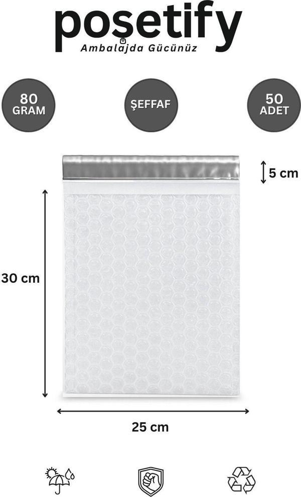Poşetify Balonlu Şeffaf Kargo Poşeti 25X30+5 Cm | 80 Gr Bantlı Patpatlı Kargo Poşeti | 50’Li E-Ticaret Poşeti - Image 1