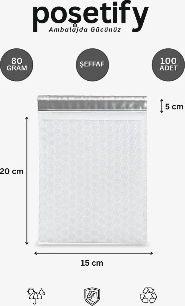 Poşetify Balonlu Şeffaf Kargo Poşeti 15X20+5 Cm | 80 Gr Bantlı Patpatlı Kargo Poşeti | 100’Lü - Image 1