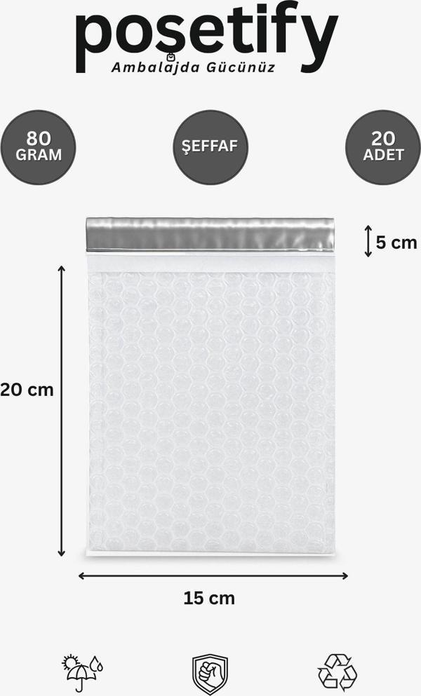 Poşetify Balonlu Şeffaf Kargo Poşeti 15X20+5 Cm | 80 Gr Bantlı Patpatlı Kargo Poşeti | 20’Li E-Ticaret Poşeti - Image 1