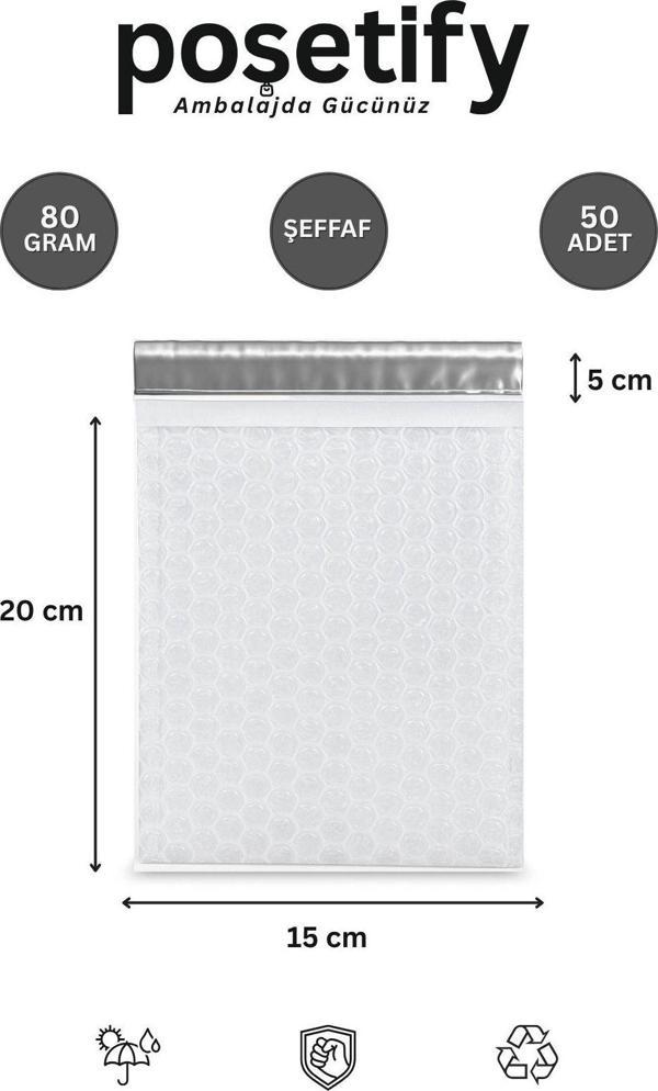 Poşetify Balonlu Şeffaf Kargo Poşeti 15X20+5 Cm | 80 Gr Bantlı Patpatlı Kargo Poşeti | 50’Li E-Ticaret Poşeti - Image 1