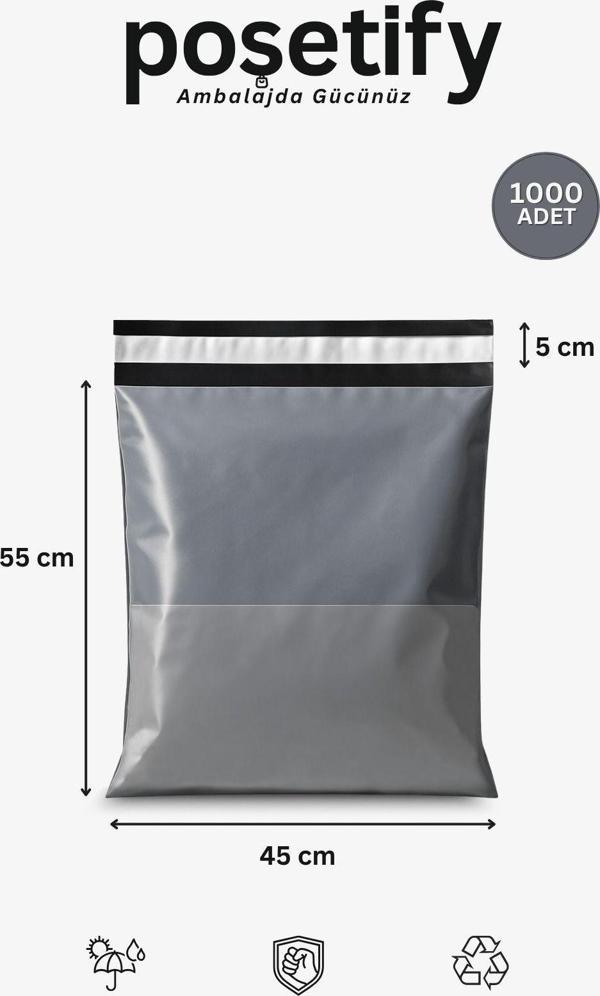 Poşetify Gri Cepli Kargo Poşeti 45X55+5 Cm | Yapışkan Bantlı Gönderi Zarfı | 1000’Lü E-Ticaret Poşeti - Image 1