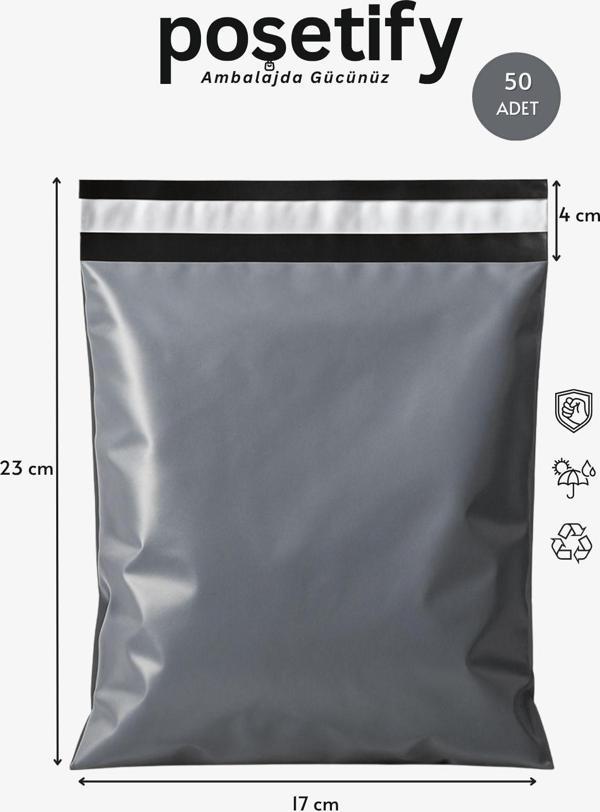 Poşetify Gri Cepsiz Kargo Poşeti 17X23+4 Cm | Yapışkan Bantlı Kargo Zarfı | 50’Li E-Ticaret Poşeti - Image 1