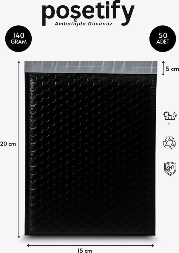 Poşetify Balonlu Siyah Kargo Poşeti 15X20+5 Cm | 140 Gr Bantlı Patpatlı Kargo Poşeti | 50’Li E-Ticaret Poşeti - Image 1