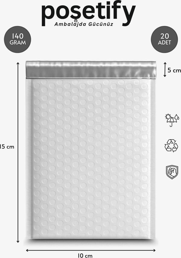 Poşetify Balonlu Beyaz Kargo Poşeti 10X15+5 Cm | 140 Gr Bantlı Patpatlı Kargo Poşeti | 20’Li E-Ticaret Poşeti - Image 1
