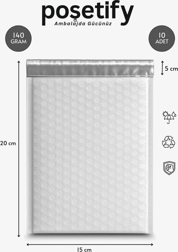 Poşetify Balonlu Beyaz Kargo Poşeti 15X20+5 Cm | 140 Gr Bantlı Patpatlı Kargo Poşeti | 10’Li E-Ticaret Poşeti - Image 1