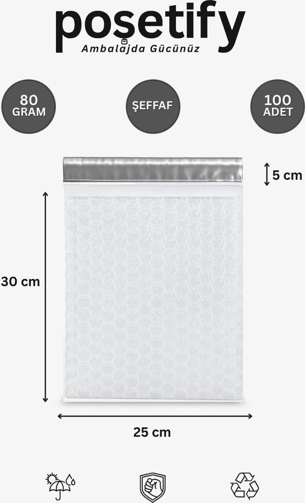 Poşetify Balonlu Şeffaf Kargo Poşeti 25X30+5 Cm | 80 Gr Bantlı Patpatlı Kargo Poşeti | 100’Lü - Image 1