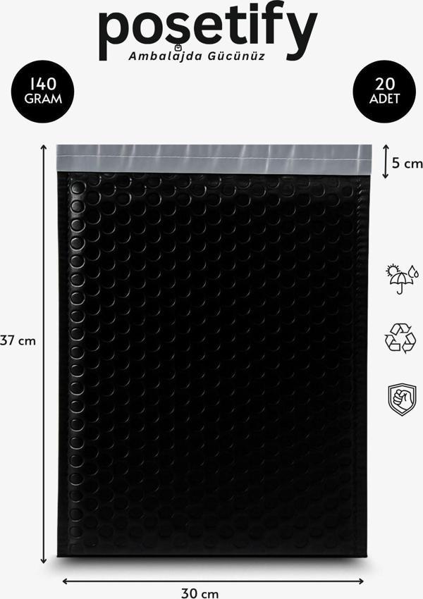 Poşetify Balonlu Siyah Kargo Poşeti 30X37+5 Cm | 140 Gr Bantlı Patpatlı Kargo Poşeti | 20’Li E-Ticaret Poşeti - Image 1