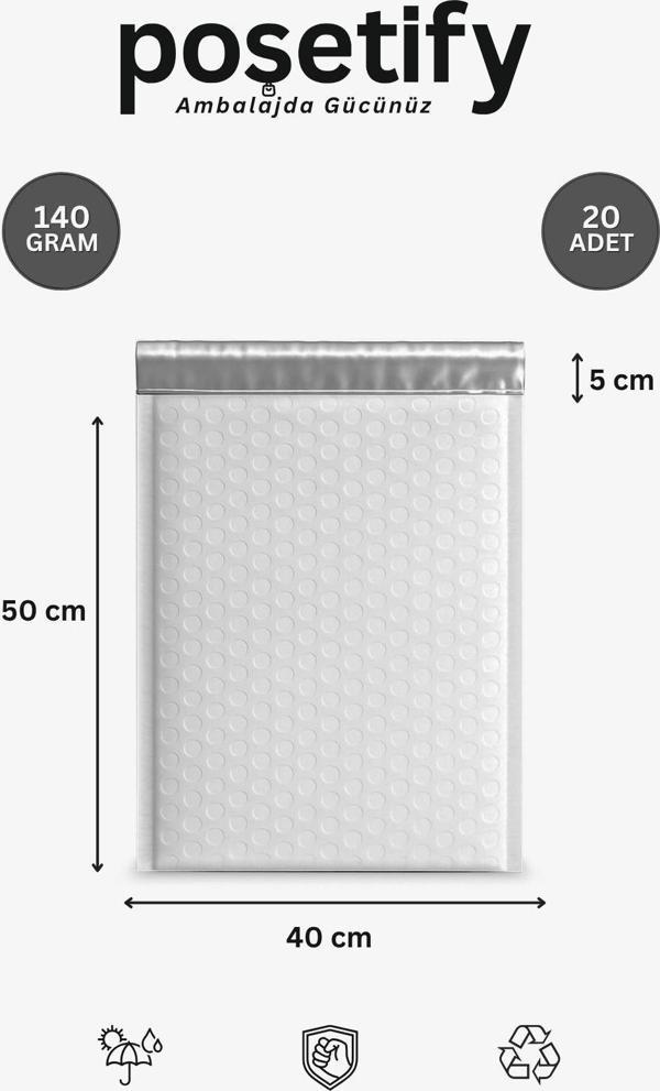 Poşetify Balonlu Beyaz Kargo Poşeti 40X50+5 Cm | 140 Gr Bantlı Patpatlı Kargo Poşeti | 20’Li E-Ticaret Poşeti - Image 1