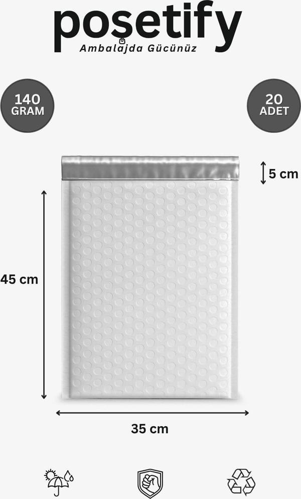 Poşetify Balonlu Beyaz Kargo Poşeti 35X45+5 Cm | 140 Gr Bantlı Patpatlı Kargo Poşeti | 20’Li E-Ticaret Poşeti - Image 1