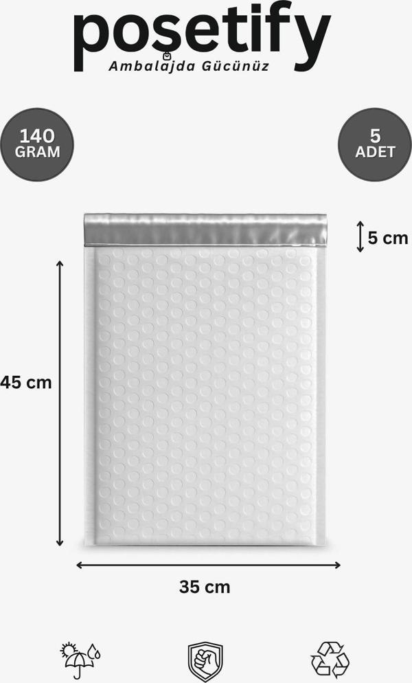 Poşetify Balonlu Beyaz Kargo Poşeti 35X45+5 Cm | 140 Gr Bantlı Patpatlı Kargo Poşeti | 5’Li E-Ticaret Poşeti - Image 1