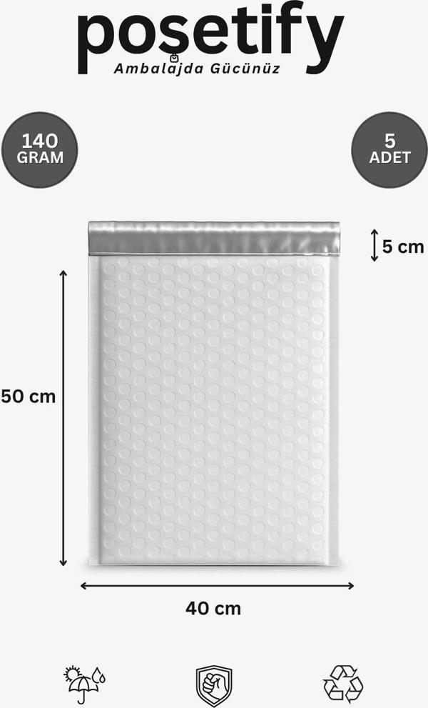 Poşetify Balonlu Beyaz Kargo Poşeti 40X50+5 Cm | 140 Gr Bantlı Patpatlı Kargo Poşeti | 5’Li E-Ticaret Poşeti - Image 1