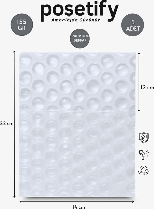 Poşetify Premium Büyük Balonlu Torba 14 X 22 + 12 Cm | 5’Li Set | Kalın Malzeme | Koruyucu Ambalaj Poşeti - Image 1