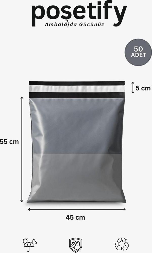 Poşetify Gri Cepli Kargo Poşeti 45X55+5 Cm | Yapışkan Bantlı Gönderi Zarfı | 50’Li E-Ticaret Poşeti - Image 1