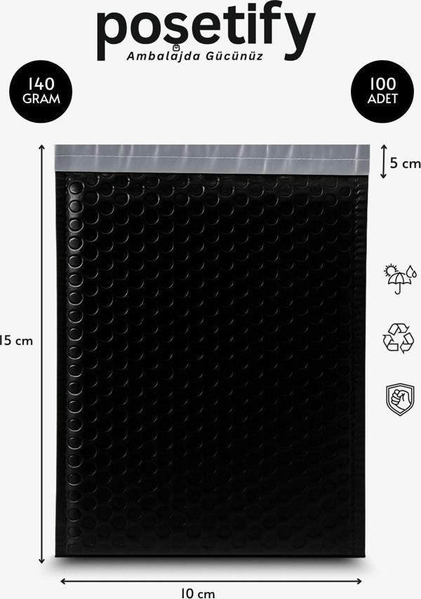 Poşetify Balonlu Siyah Kargo Poşeti 10X15+5 Cm | 140 Gr Bantlı Patpatlı Kargo Poşeti | 100’Lü - Image 1