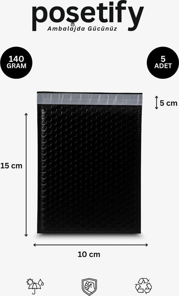 Poşetify Balonlu Siyah Kargo Poşeti 10X15+5 Cm | 140 Gr Bantlı Patpatlı Kargo Poşeti | 5’Li E-Ticaret Poşeti - Image 1