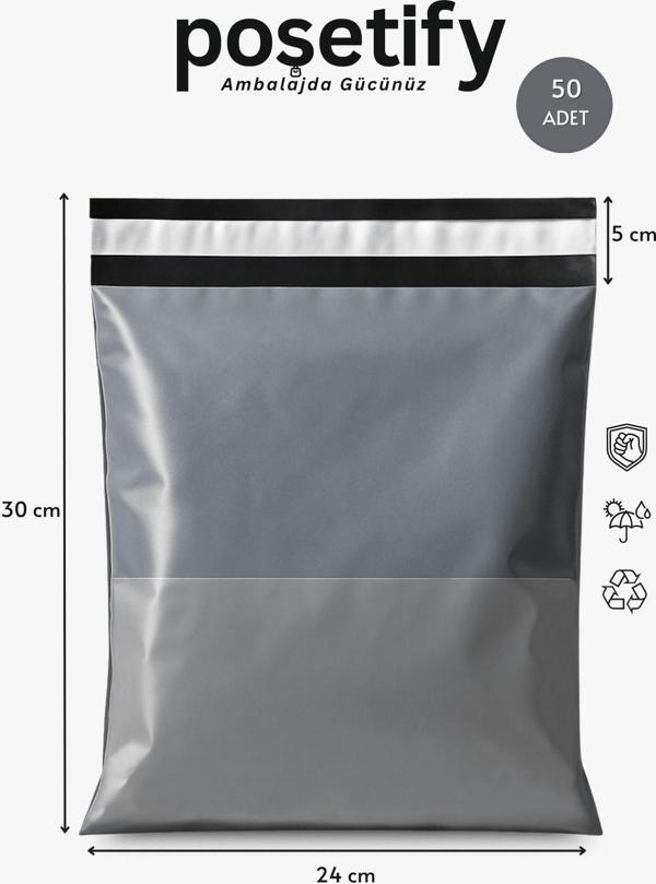 Poşetify Gri Cepli Kargo Poşeti 24X30+5 Cm | Yapışkan Bantlı Gönderi Zarfı | 50’Li E-Ticaret Poşeti - Image 1