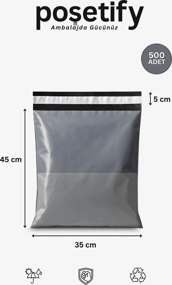 Poşetify Gri Cepli Kargo Poşeti 45X55+5 Cm | Yapışkan Bantlı Gönderi Zarfı | 500’Lü E-Ticaret Poşeti - Image 1