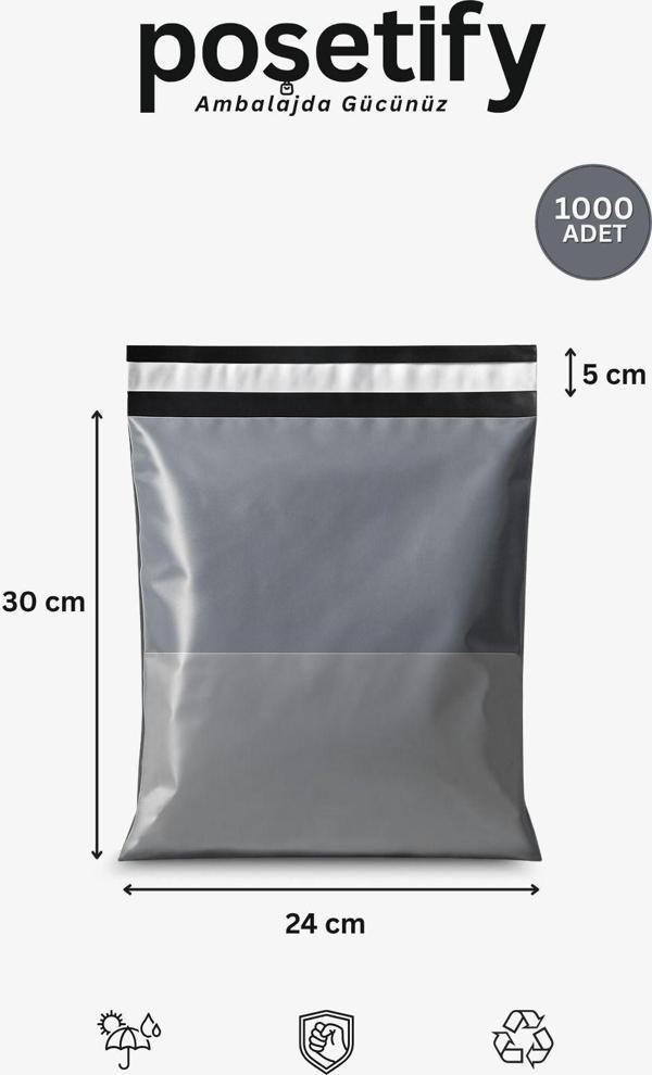 Poşetify Gri Cepli Kargo Poşeti 22X30+5 Cm | Yapışkan Bantlı Gönderi Zarfı | 1000’Lü E-Ticaret Poşeti - Image 1