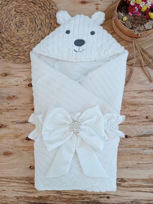 Yenidoğan Beyaz Wool Yün Kumaş Ayıcık Kulaklı Kundak Bebek Battaniyesi Beyaz - Image 1