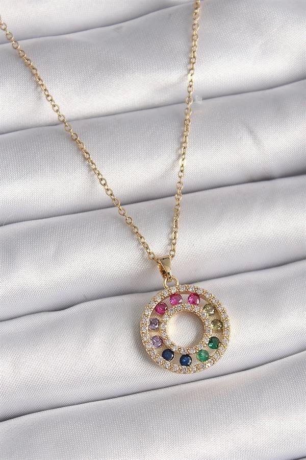 316L Çelik Gold Renk Zincir Renkli Zirkon Taşlı Madalyon Model Kadın Kolye - Image 1