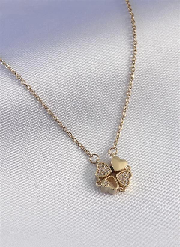 316L Çelik Gold Renk Açılır Yonca Model Zirkon Taşlı Kadın Kolye - Image 1