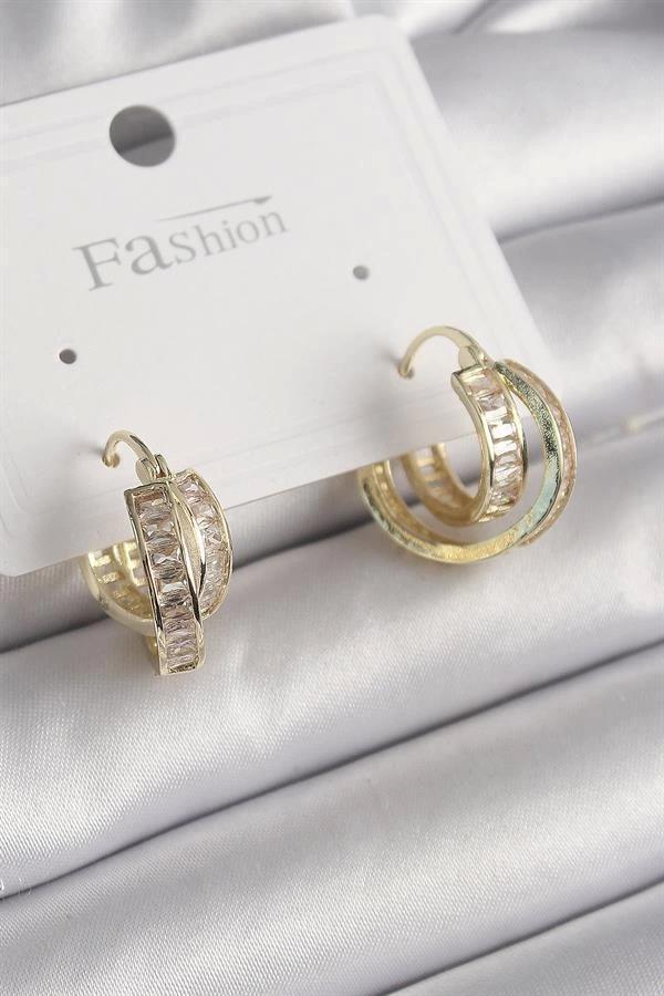 Pirinç Gold Renk Zirkon Taşlı Halka Model Kadın Küpe - Image 1