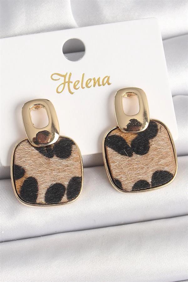 Pirinç Gold Renk Sallantı Kare Leopar Model Kadın Küpe - Image 1