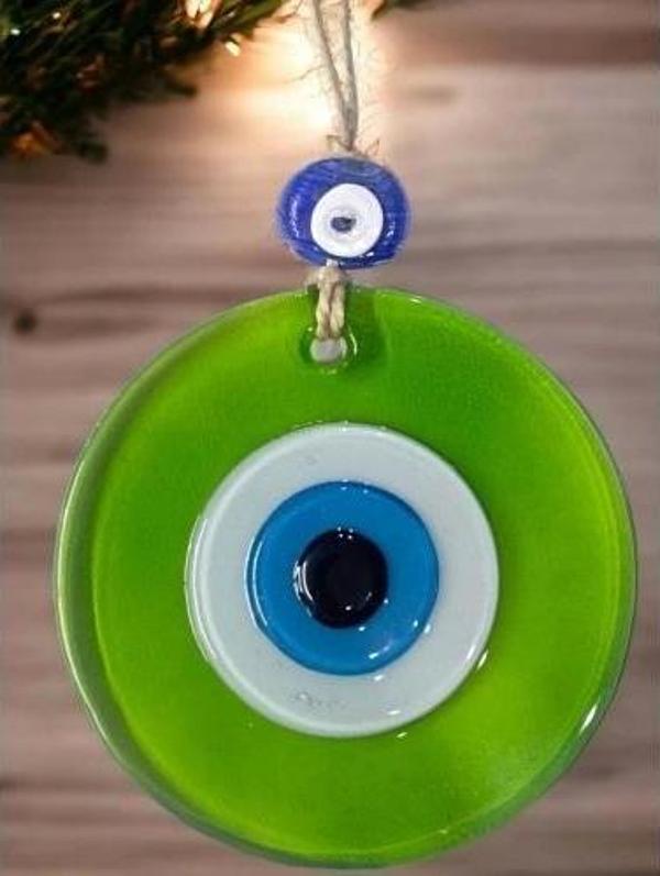 Şeffaf Yeşil Nazar Boncuklu Duvar Süsü 10 Cm Cam Duvar Dekoru - Image 1