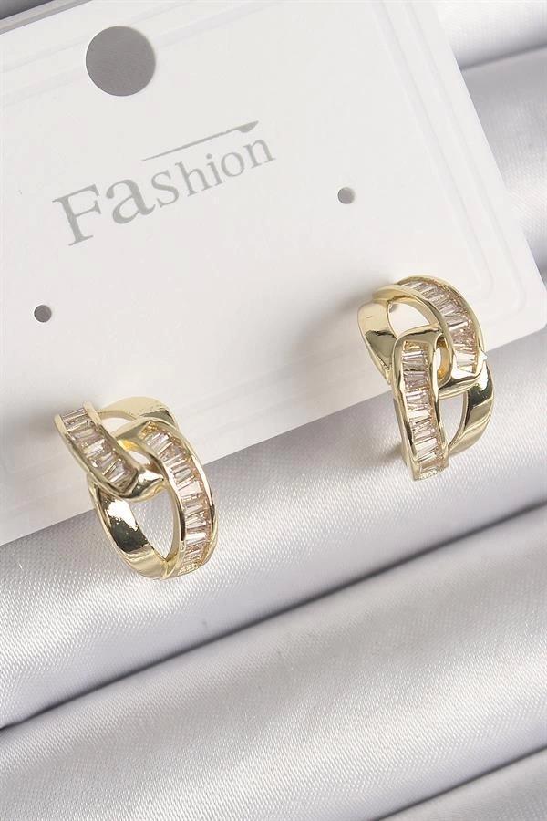Pirinç Gold Renk Zirkon Taşlı Zincir Model Kadın Küpe - Image 1